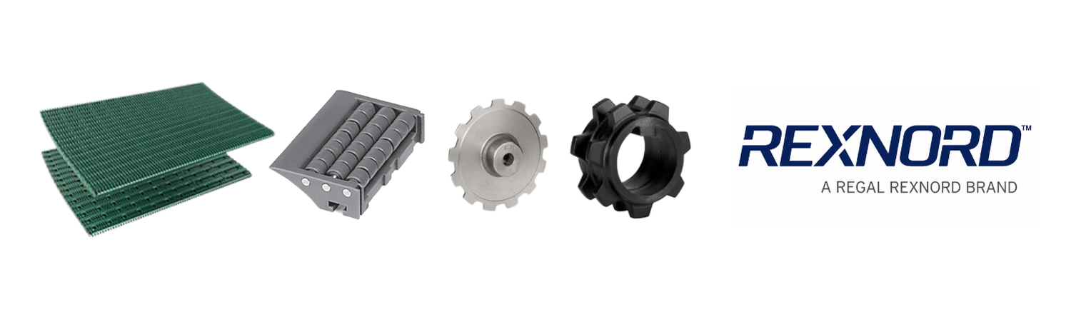 Rexnord green modular plastic conveyor belt sections, a roller transfer plate, stainless steel and black plastic conveyor sprockets, and the Rexnord logo with the tagline A Regal Rexnord Brand